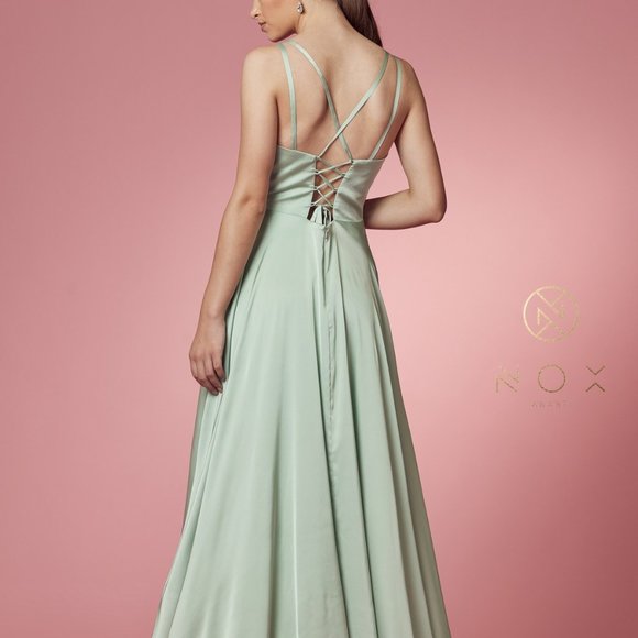 SAGE COLOR SATIN OPEN BACK PROM PARTY A-LINE LONG GOWN DRESS NX1020 - Picture 5 of 7